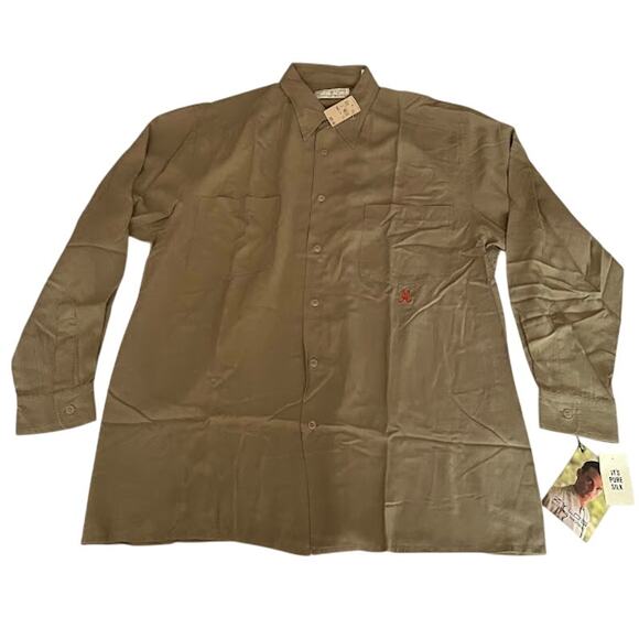 VTG NWT 80s Zylos Silks by George Machado Shirt Khaki Brown Long Sleeve Sz M - Picture 1 of 6
